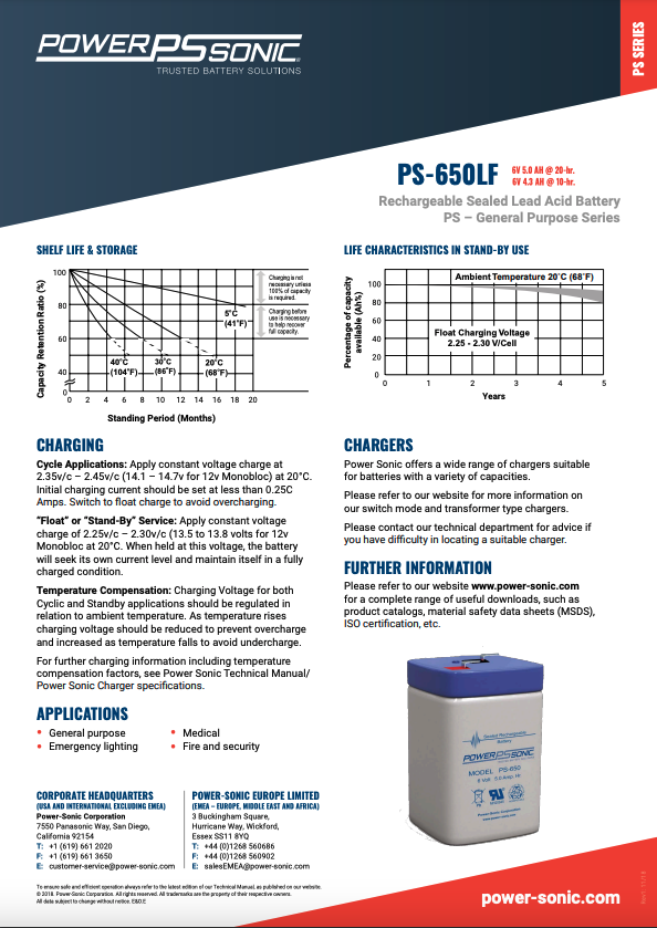 Power Sonic PS650 LF Battery 6 Volt 5 Amp Hour (Fast On Terminals)