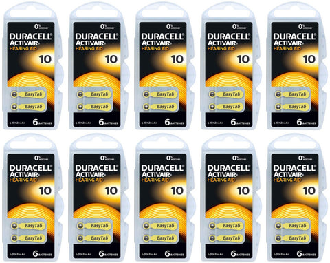 Duracell Size 10 Hearing Aid Batteries - DA10B6 EasyTab - 60 Battery Box