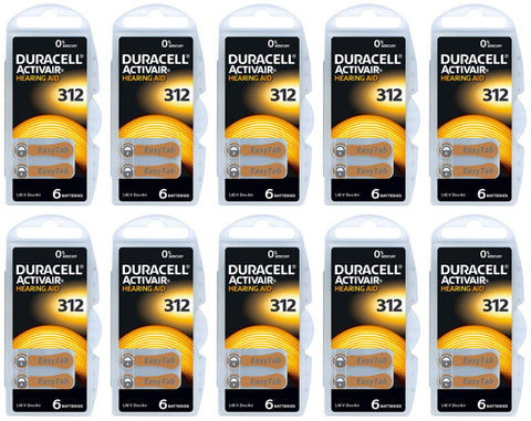 Duracell Size 312 Hearing Aid Batteries - DA312B6 EasyTab - 60 Battery Box
