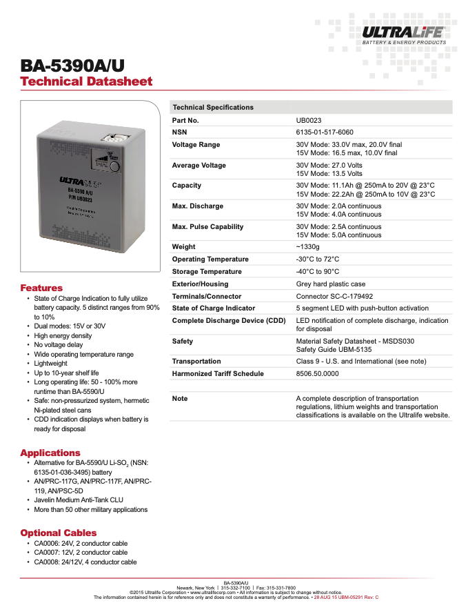 Ultralife BA5390 A/U P/N UB0023 Battery