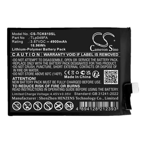 TCL T610K2 Battery 3.87V 4900mAh Li-Polymer - Compatible Replacement