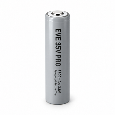 Rendered illustration of EVE 35V PRO protected button-top 18650 battery, 3500mAh 3.6V; actual appearance may vary