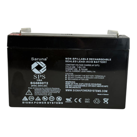 Saruna SG0690T2 6V 9Ah AGM battery, label and terminal view
