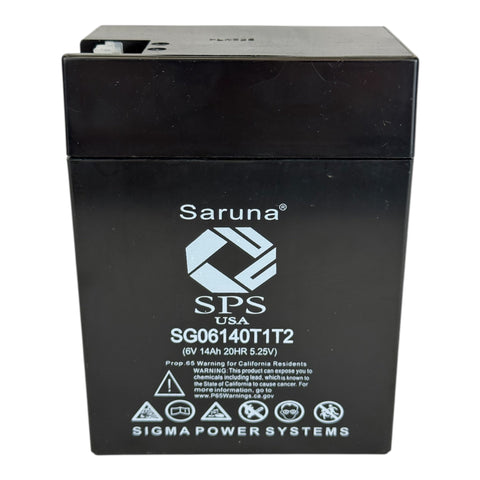 Saruna SG06140T1T2 6V 14Ah AGM battery, label and terminal view