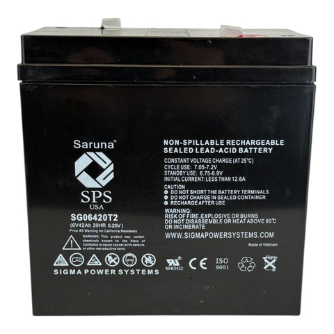 Saruna SG06420T2 6V 42Ah AGM battery, label and terminal view
