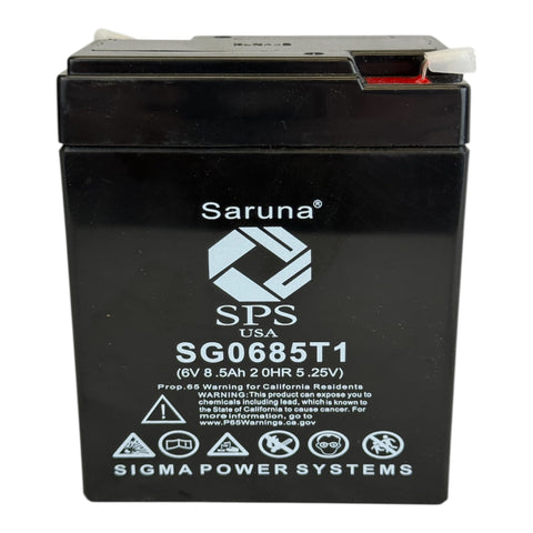 Saruna SG0685T1 6V 8.5Ah AGM battery, label and terminal view