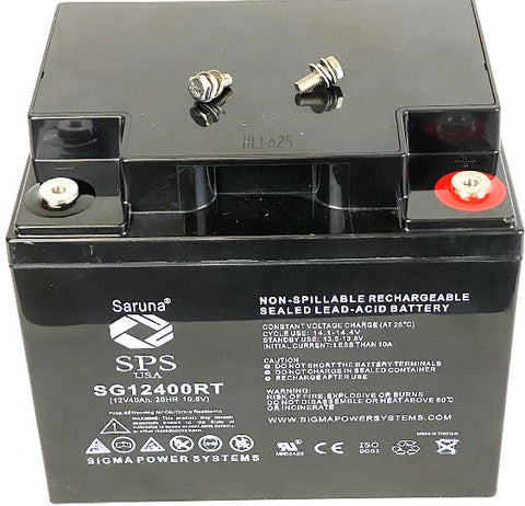 Saruna SG12400RT 12V 40Ah AGM battery, label and terminal view