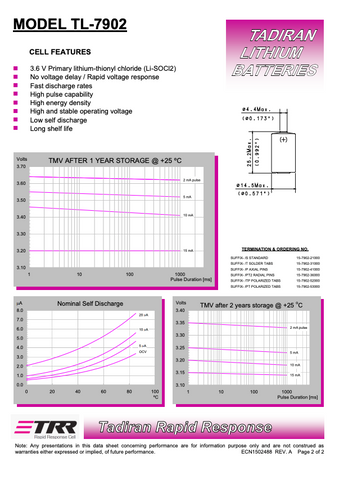 Tadiran TL-7902 - TL-7902/S Battery - 3.6V 1/2AA Lithium ...