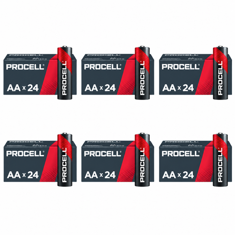 Duracell Procell PC1500 AA alkaline batteries, 144-pack: six boxes of 24 in current red and charcoal packaging