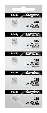 Energizer 315 silver oxide batteries in a five-cell tear strip; offer contains 100 batteries in 20 strips of five