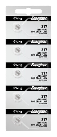 Energizer 317 silver oxide batteries in a five-cell tear strip; offer contains 1,000 batteries in 200 strips of five