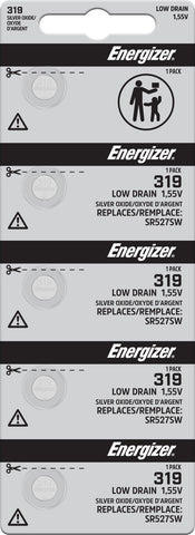 Energizer 319 silver oxide batteries in a five-cell tear strip; offer contains 100 batteries in 20 strips of five