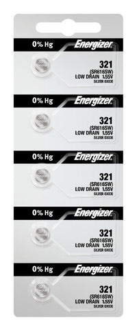 Energizer 321 silver oxide batteries in a five-cell tear strip; offer contains 1,000 batteries in 200 strips of five