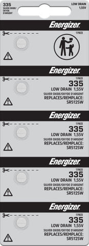 Energizer 335 silver oxide batteries in a five-cell tear strip; offer contains 100 batteries in 20 strips of five