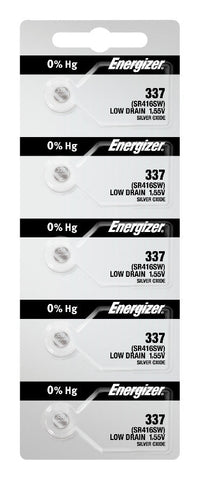 Energizer 337 silver oxide batteries in a five-cell tear strip; offer contains 1,000 batteries in 200 strips of five