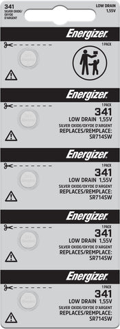 Energizer 341 silver oxide batteries in a five-cell tear strip; offer contains 100 batteries in 20 strips of five