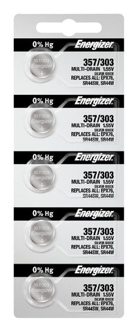 Energizer 357/303 silver oxide batteries in a five-cell tear strip; offer contains 100 batteries in 20 strips of five