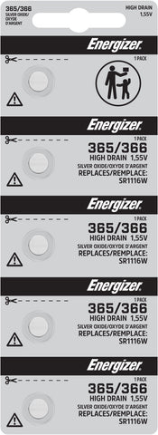 Energizer 365/366 silver oxide batteries in a five-cell tear strip; offer contains 100 batteries in 20 strips of five