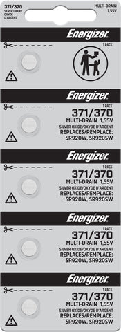 Energizer 371/370 silver oxide batteries in a five-cell tear strip; offer contains 100 batteries in 20 strips of five