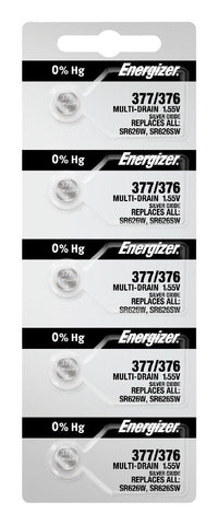 Energizer 377/376 silver oxide batteries in a five-cell tear strip; offer contains 1,000 batteries in 200 strips of five