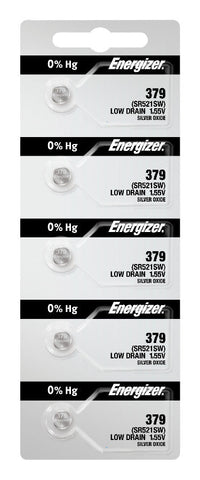 Energizer 379 silver oxide batteries in a five-cell tear strip; offer contains 100 batteries in 20 strips of five