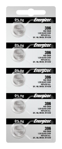 Energizer 386/301 silver oxide batteries in a five-cell tear strip; offer contains 100 batteries in 20 strips of five