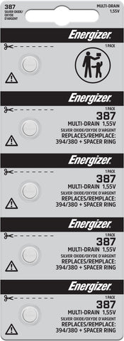 Energizer 387 silver oxide batteries in a five-cell tear strip; offer contains 100 batteries in 20 strips of five