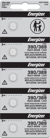 Energizer 390/389 silver oxide batteries in a five-cell tear strip; offer contains 1,000 batteries in 200 strips of five