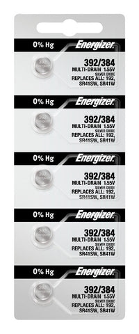 Energizer 392/384 silver oxide batteries in a five-cell tear strip; offer contains 100 batteries in 20 strips of five