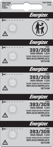 Energizer 393/309 silver oxide batteries in a five-cell tear strip; offer contains 100 batteries in 20 strips of five