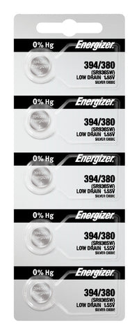 Energizer 394/380 silver oxide batteries in a five-cell tear strip; offer contains 1,000 batteries in 200 strips of five