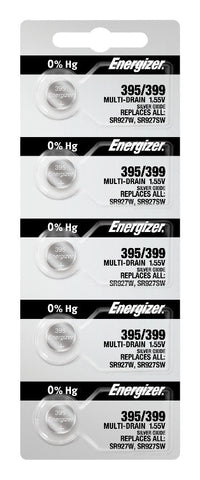 Energizer 395/399 silver oxide batteries in a five-cell tear strip; offer contains 1,000 batteries in 200 strips of five