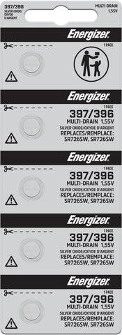 Energizer 397/396 silver oxide batteries in a five-cell tear strip; offer contains 100 batteries in 20 strips of five