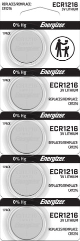Energizer ECR1216 lithium coin batteries in a five-cell tear strip; order includes 1000 individual batteries